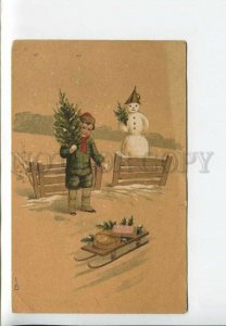 436081 NEW YEAR Boy Snowman Christmas tree RUSSIA Vintage postcard