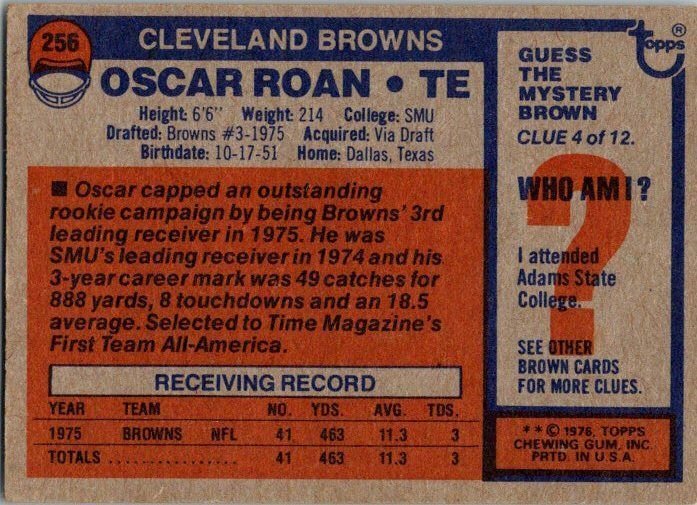 1976 Topps Football Card Oscar Roan Cincinnati Bengals sk4275