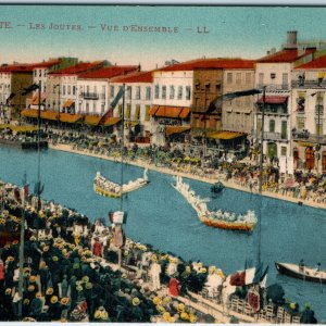 c1910s Cette, France Canal Joutes Water Jousting Event Crowds Boats Flags A358