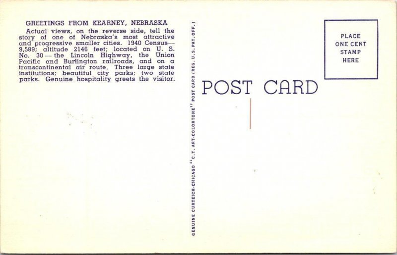 NE, Nebraska  KEARNEY LARGE LETTER LINEN Greetings  ca1940's Curteich Postcard