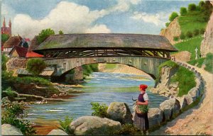 Vtg Postcard Artist Signed H Hoffmann Covered Bridge Murg Schwarzwald Germany