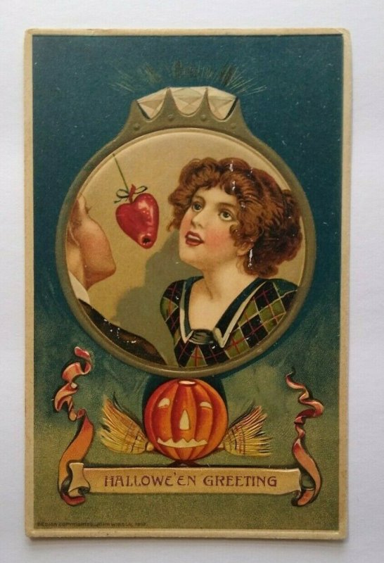 Original Halloween Postcard John Winsch Women Apple Heart Sycamore Kansas 1914 