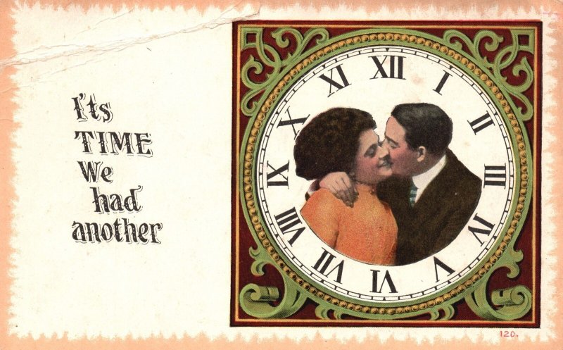 Vintage Postcard Lovers In Clock Its Time We Had Another Romance Couple