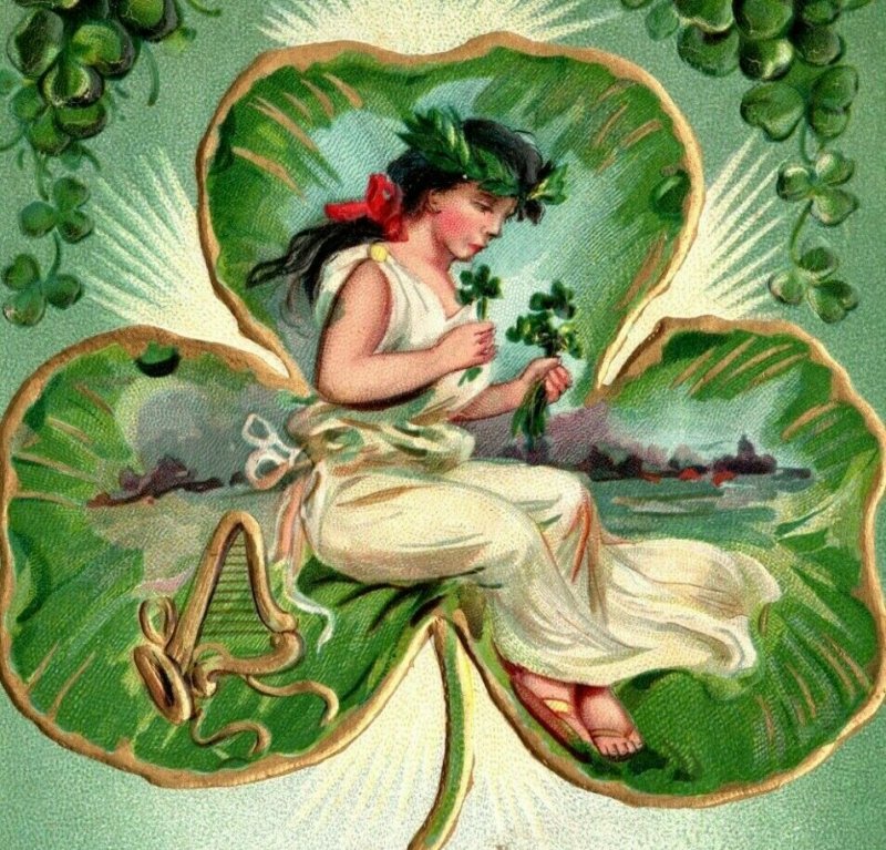 c 1909 Raphael Tuck Postcard St Patrick Pretty Woman Green Little Shamrock Harp