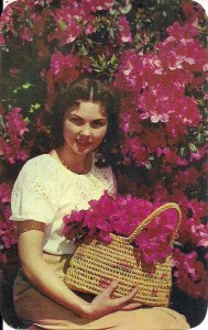 Beautiful Woman w Azalea Flowers, Basket, FL Florida Teich Color Chrome 1950-60s