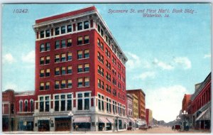 c1910s Waterloo, IA Sycamore St. First National Bank Bldg. Downtown Postcard A61