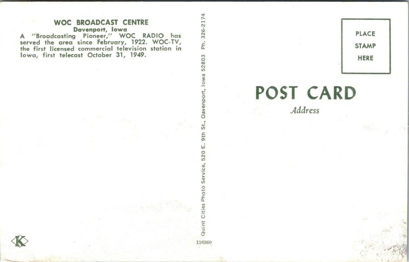 WOC Broadcast Centre Davenport Iowa IA Radio TV Postcard Koppel VTG UNP Vintage 