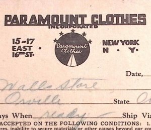 1937 PARAMOUNT CLOTHES NEW YORK WALLS STORE ORRVILLE BILLHEAD RECEIPT Z324