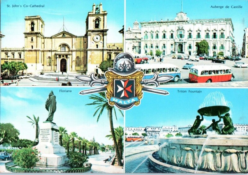 Multiple Views of Malta w Old Cars Buses Postcard