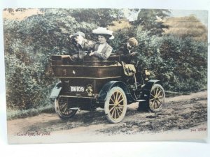 Pair of Gents & a Lady Driving off in an Old Motor Car Antique Postcard 1905