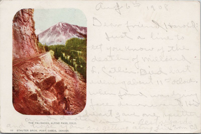 The Palisades Alpine Pass CO Colorado c1908 RPO Virginia City ?? Postcard F79