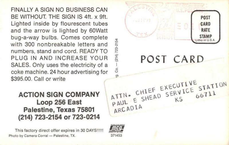 Palestine Texas Action Sign Co Advertising Vintage Postcard J75831