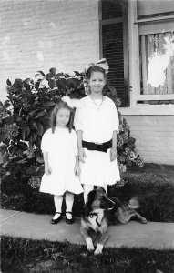 F79/ Interesting Real Photo RPPC Postcard c1910 Pretty Girls Pet Dog 19