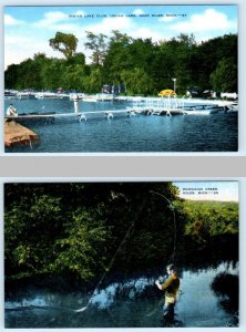 2 Postcards NILES, Michigan MI ~ INDIAN LAKE CLUB Fishing Dowagiac Creek 1940s