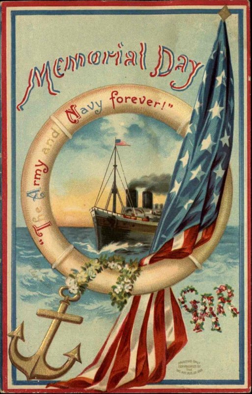 Ellen Clapsaddle Ship Life Saving Ring American Flag Memorial Day Postcard