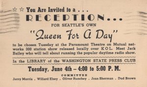 Seattle WW2 Queen For A Day Radio Press Club Old Invitation Postcard