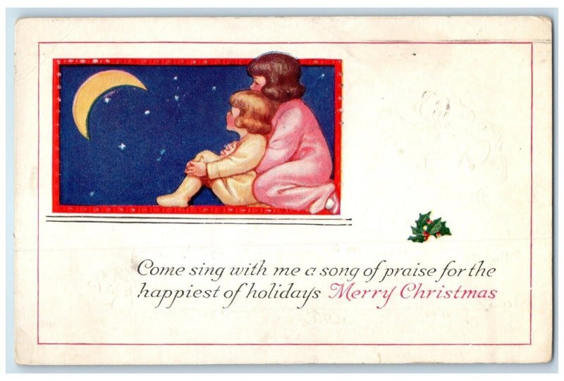 1922 Christmas Tide Seal Girls Watching Crescent Moon Glenhaven WI Postcard