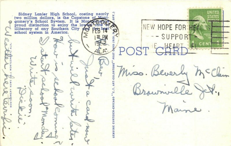 Montgomery Alabama 1952 Postcard Sidney Lanier High School