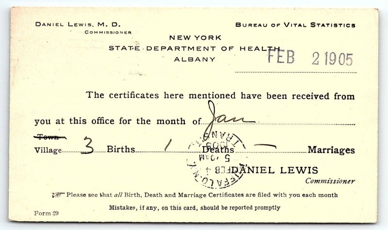 1905 WILLIAMSVILLE NY STATE DEPT OF HEALTH BIRTH/DEATH/MARRIAGE REPORT CARD P714