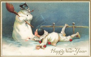 Happy New Year Snowman Broom Court Jester 1910 Embossed Postcard