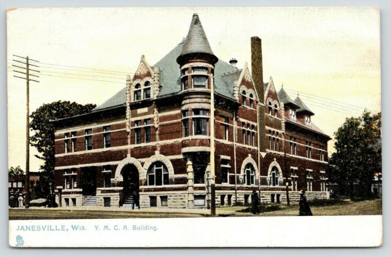 Janesville Wisconsin~YMCA Building~Victorian Lady in Street~c1910 TUCK