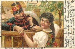 Love & Romance military lover flirting love proposal chromo Litho 1900 postcard
