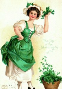 c.1909 Lovely Lady Green Dress Vintage Embossed St. Patrick's Day Postcard P10