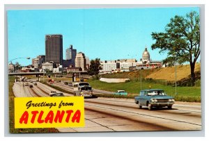 Vintage 1960's Postcard Greetings From Atlanta - Antique Cars & Bus on Highway