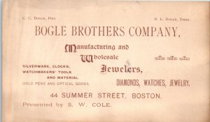 1880s Bogle Brothers Co Jewelers Watches Summer St. Boston MA Business Card Ad