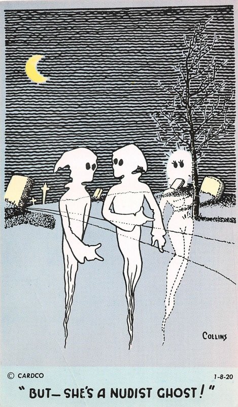 G19/ Interesting Postcard c1940s Nudist Comic Ghosts Cemetery Haunted