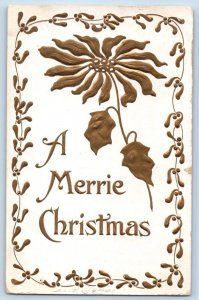 Christmas Postcard Poinsettia Flower Holly Berries Embossed Plywood Indiana IN