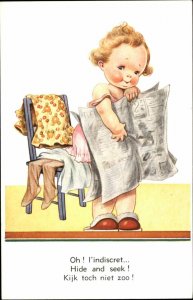 Little Naked Girl Hiding Behind Newspaper Old Postcard