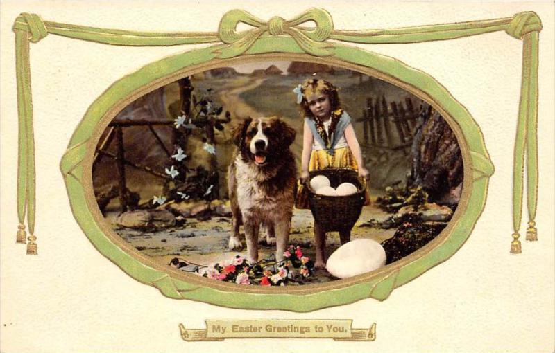 Dog Saint Bernard , Easter  Portrait Girl,   basket of giant eggs