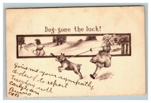Vintage 1900's Comic Postcard Young Girl Holding Back Chasing Dog Sepia Print