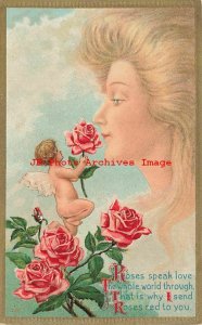 6 Fantasy Postcards, Kaplan No 57, Woman's Head in Clouds, Cupid with Flowers