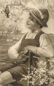 B580 Easter festive greetings postcard Alpine type drawn boy and bird 1915