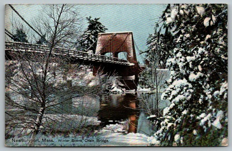 Newburyport Massachusetts~Chain Bridge in Winter~Snow Covered Evergreen~c1910 