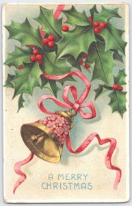Vintage A Merry Christmas Bell & Holly Postcard Printed in Germany