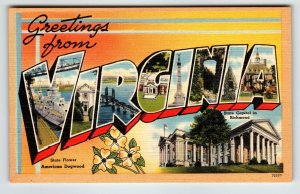 Greetings From Virginia Large Big Letter Linen State Postcard Unposted Asheville