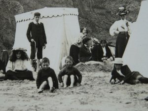 HORNSEA BEACH SCENE Children Families & Bathing Tents c1905 RP Postcard Overton