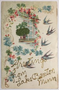 Lake Benton, Minnesota Lincoln County Greetings Birds Flowers 1909 Vintage