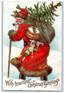 Christmas Greetings Santa Claus Pipe Sacks Of Toys Embossed Toledo OH Postcard