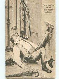Pre-Linen Comic DRUNK MAN SLEEPING UNDER DRAIN PIPE AB8892