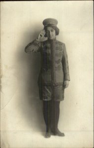 Woman in Uniform & Hat Saluting - Jamieson Boston MA Real Photo Postcard