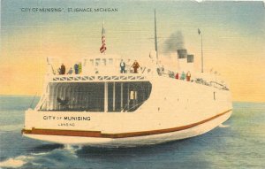 Postcard 1952 Michigan St. Ignace City Munising Ferry Boat occupation MI-24-1704