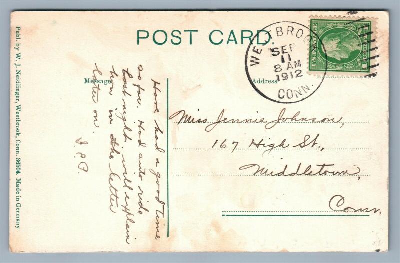 WESTBROOK CT POCHOUG RIVER 1912 ANTIQUE POSTCARD w/ CORK CANCEL