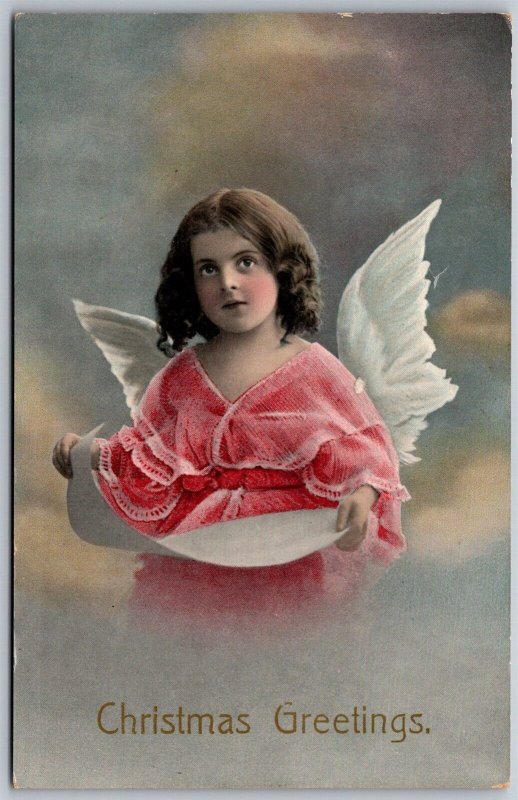 Vtg Christmas Greetings Cupid Angel Cherub Wings Pink Dress 1910s Postcard