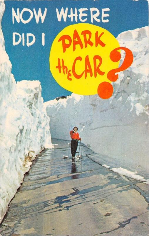 SNOW SKIER IN SNOW ALLEY COMIC POSTCARD 1960s NOW WHERE DID I PARK MY CAR?