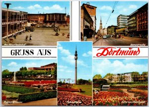 VINTAGE CONTINENTAL SIZED POSTCARD (5) MINIVIEWS OF DORTMUND GERMANY POSTED 1975