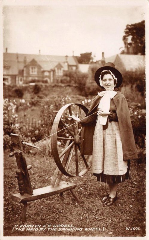 RPPC Y Forwyn a'r Droell Welsh Maid Spinning Wheel Wales c1930s Vintage Postcard